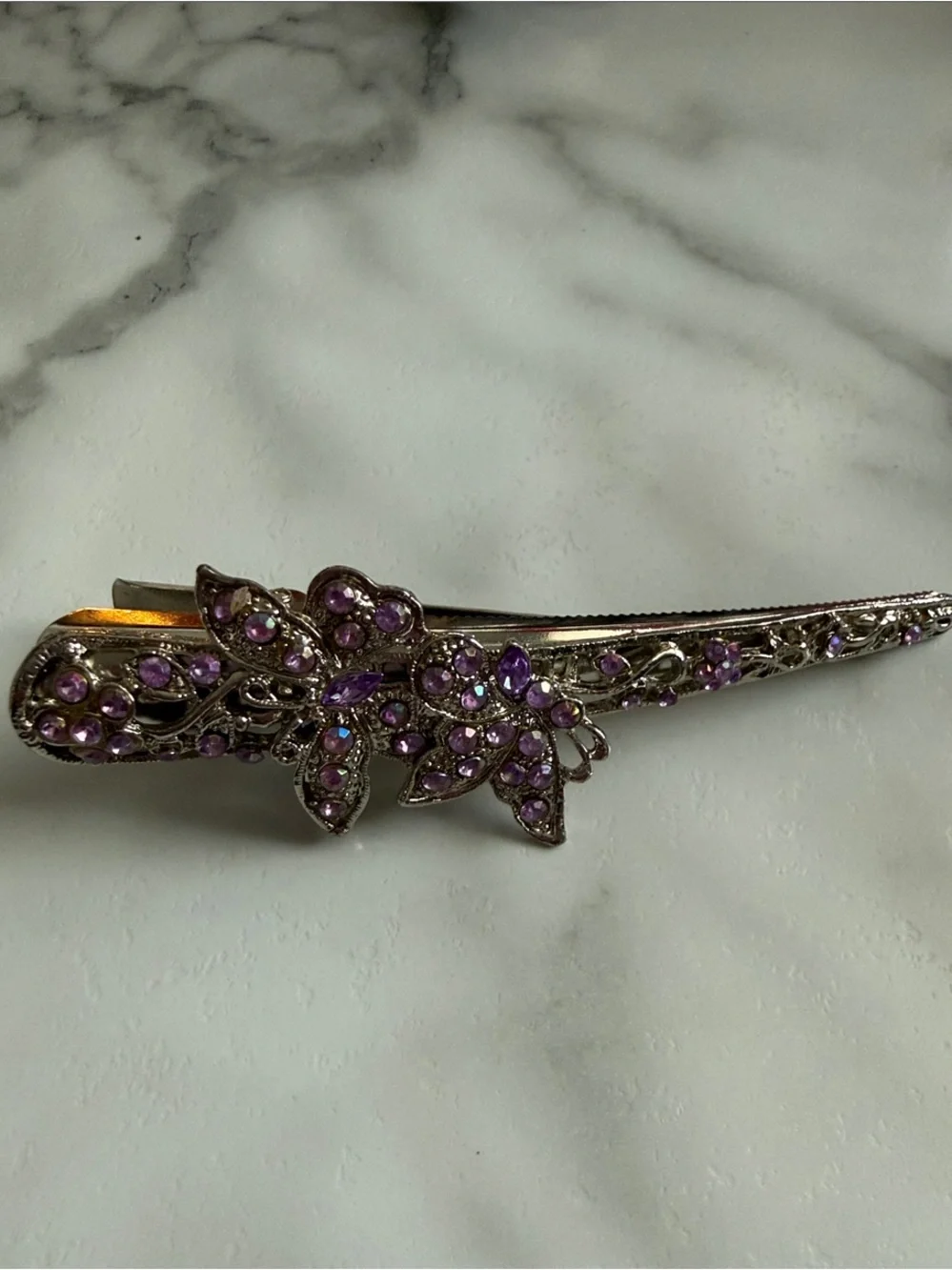 Decorative Silver-Tone Hair Clip with Purple Crystal Flowers